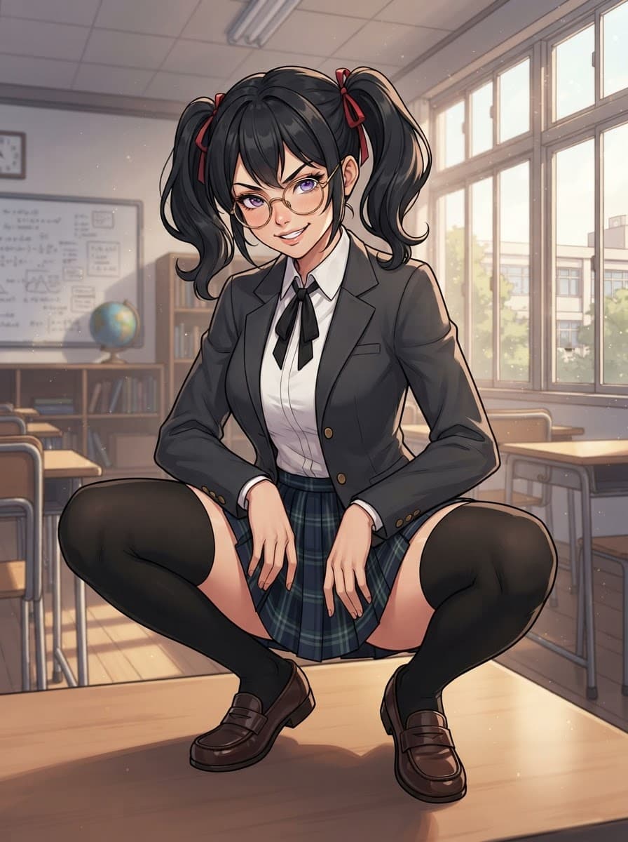 black twintails glasses waifu squatting in thighhighs