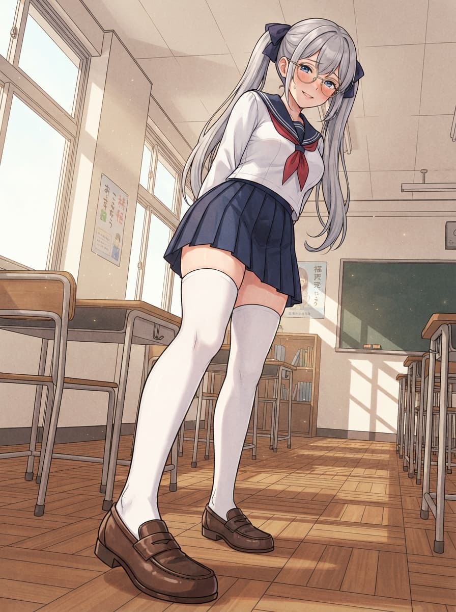 silver twintails waifu low angle feet focus white thighhighs