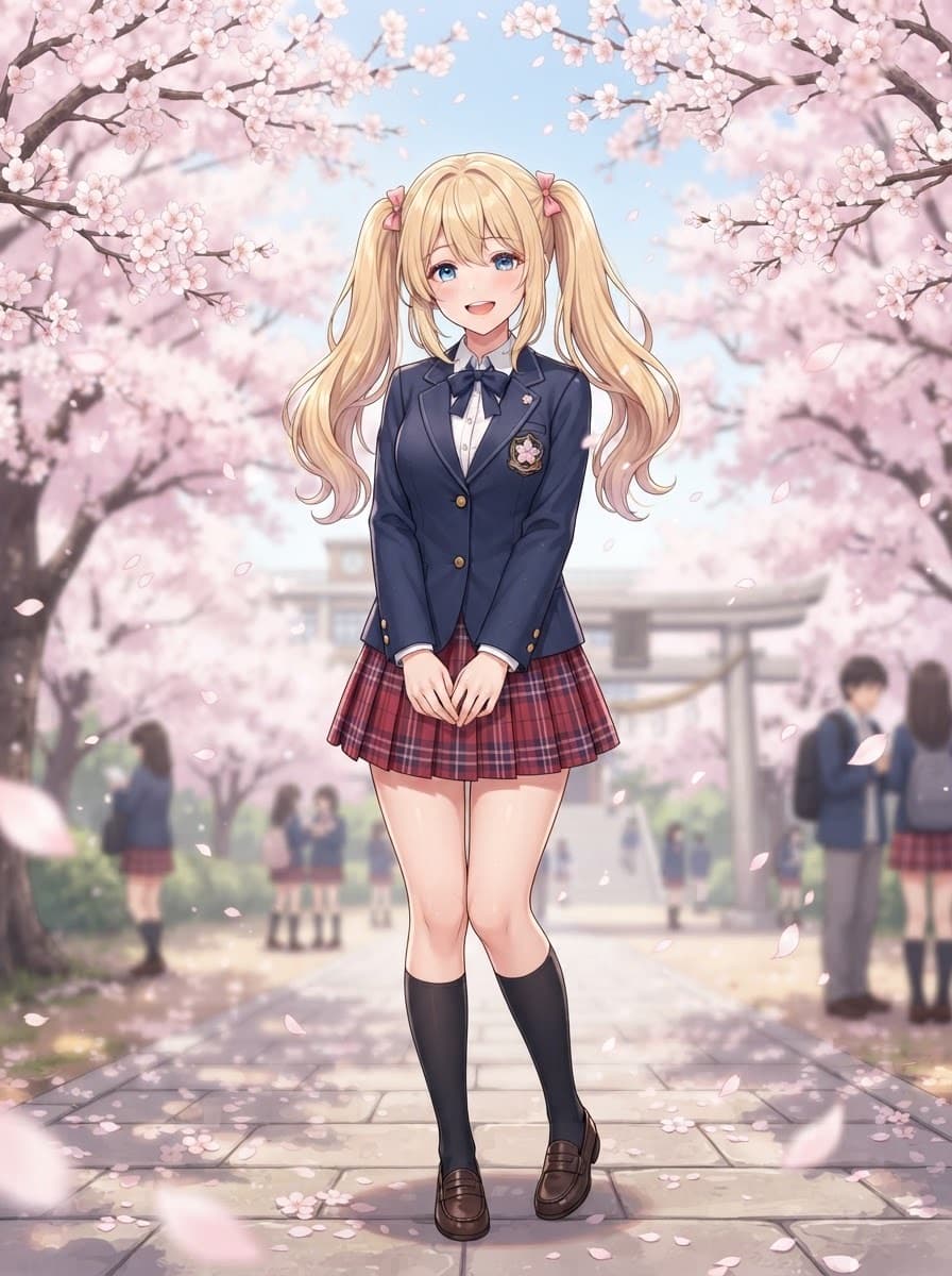 blonde school uniform anime girl under sakura