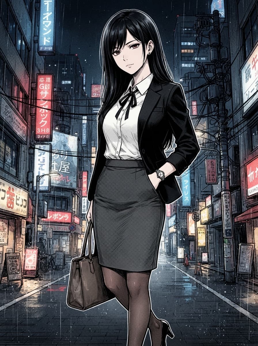 black long office lady waifu city night