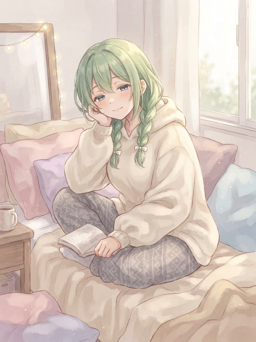 mint braids cozy room waifu
