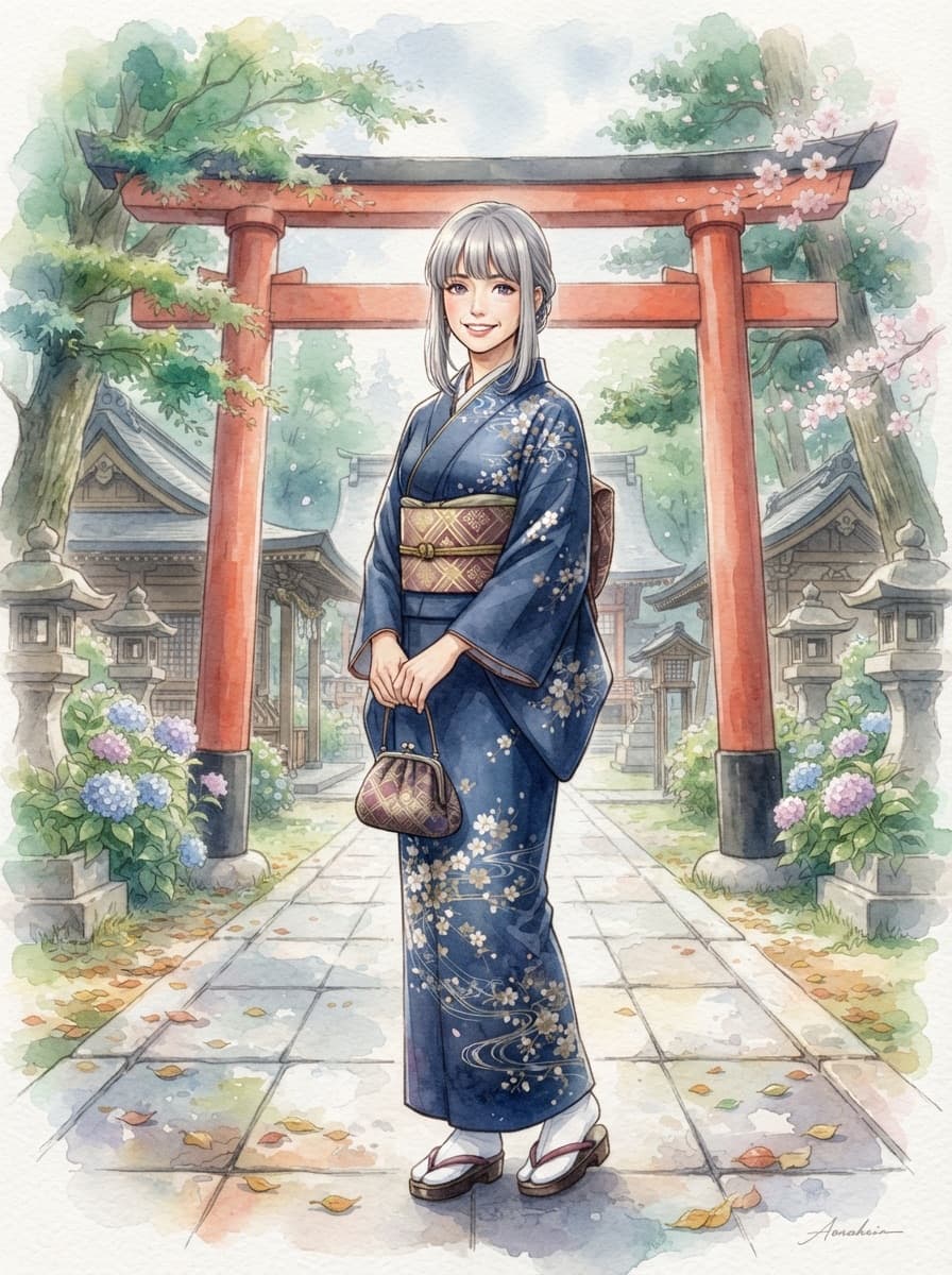 silver hime kimono waifu at shrine