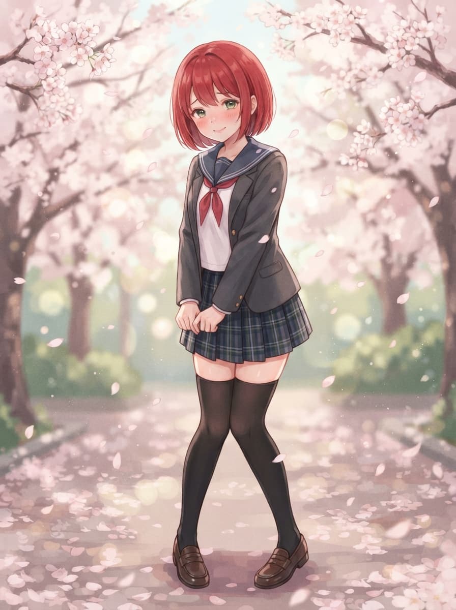 petite red hair waifu shy under cherry blossoms