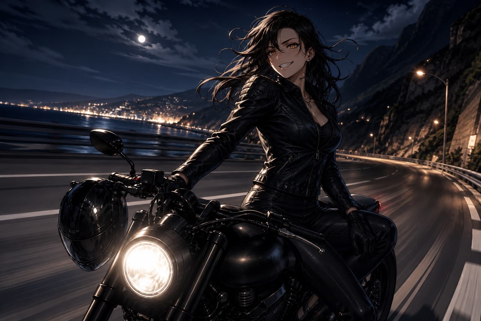 black hair biker waifu on a motorcycle along a coastal night road