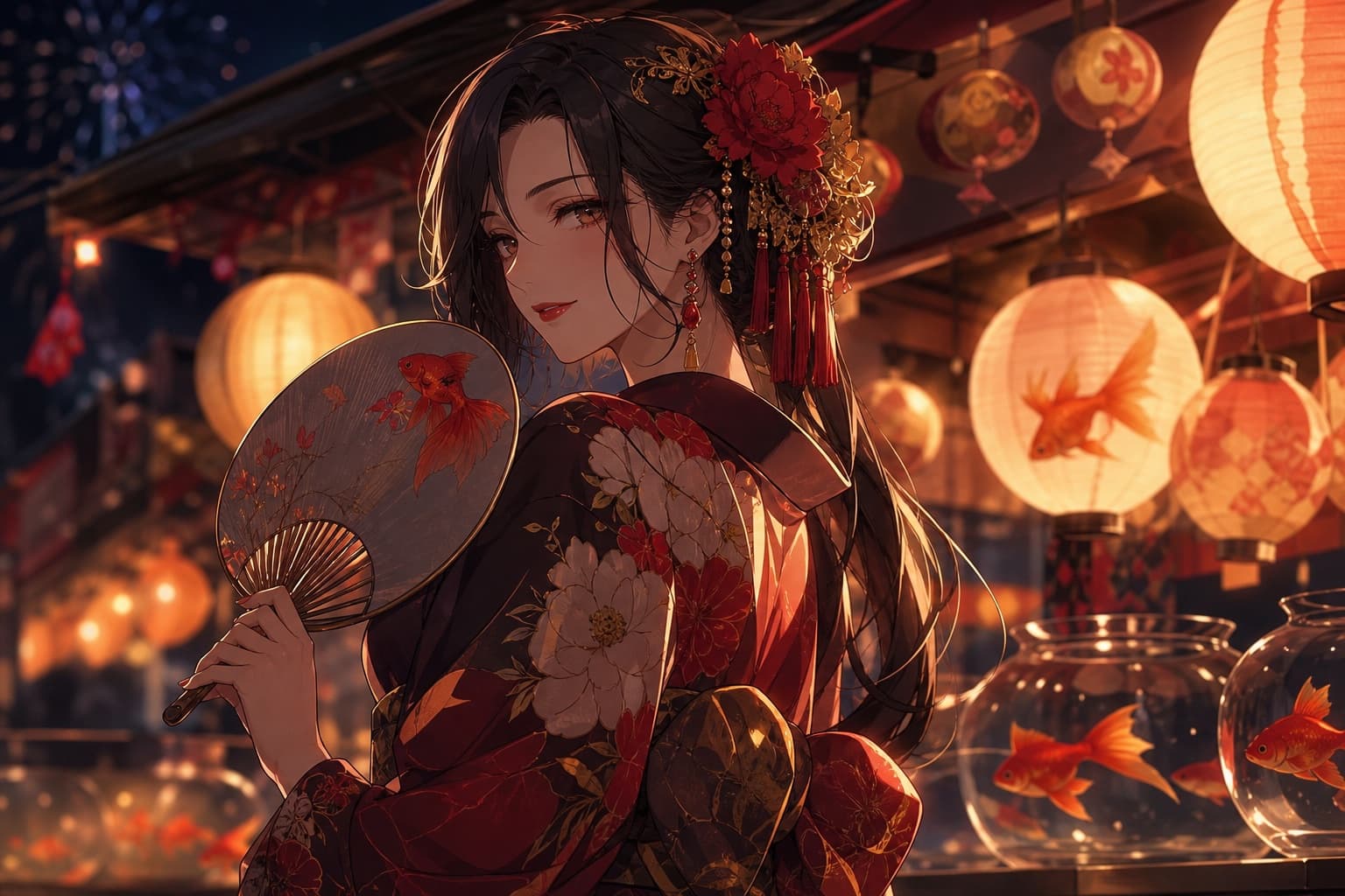 black hair kimono waifu at a night festival with goldfish lanterns