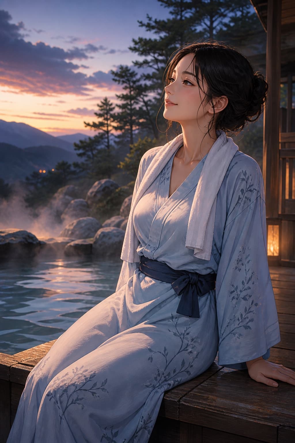 black hair yukata waifu at an outdoor onsen at dusk