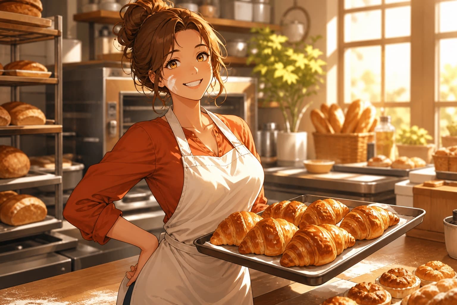 brown hair baker waifu holding a tray of croissants