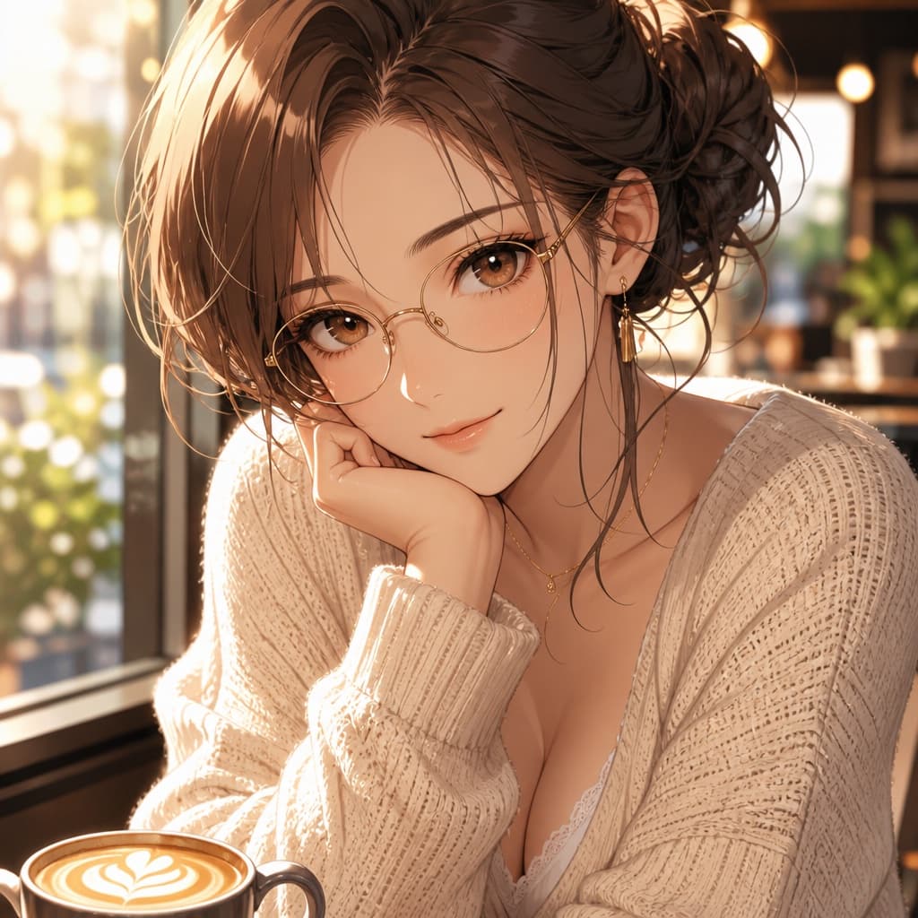 brown hair glasses waifu in a cozy cafe with latte art