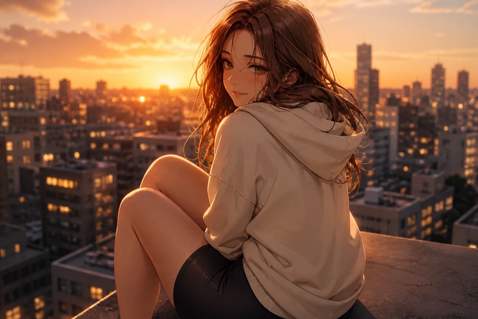 brown hair waifu looking back from a rooftop at sunset