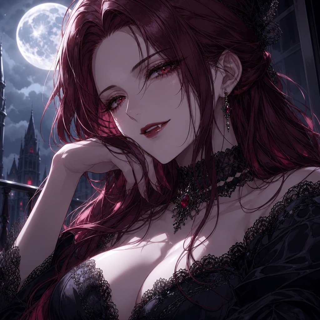 burgundy hair vampire waifu on a moonlit gothic balcony