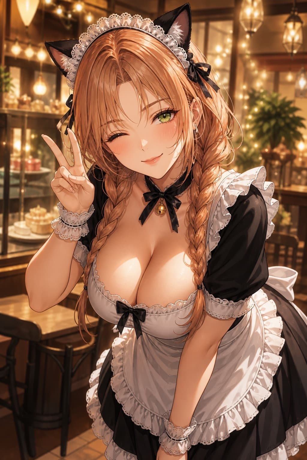 orange braids cat-ears maid waifu winking in a cafe