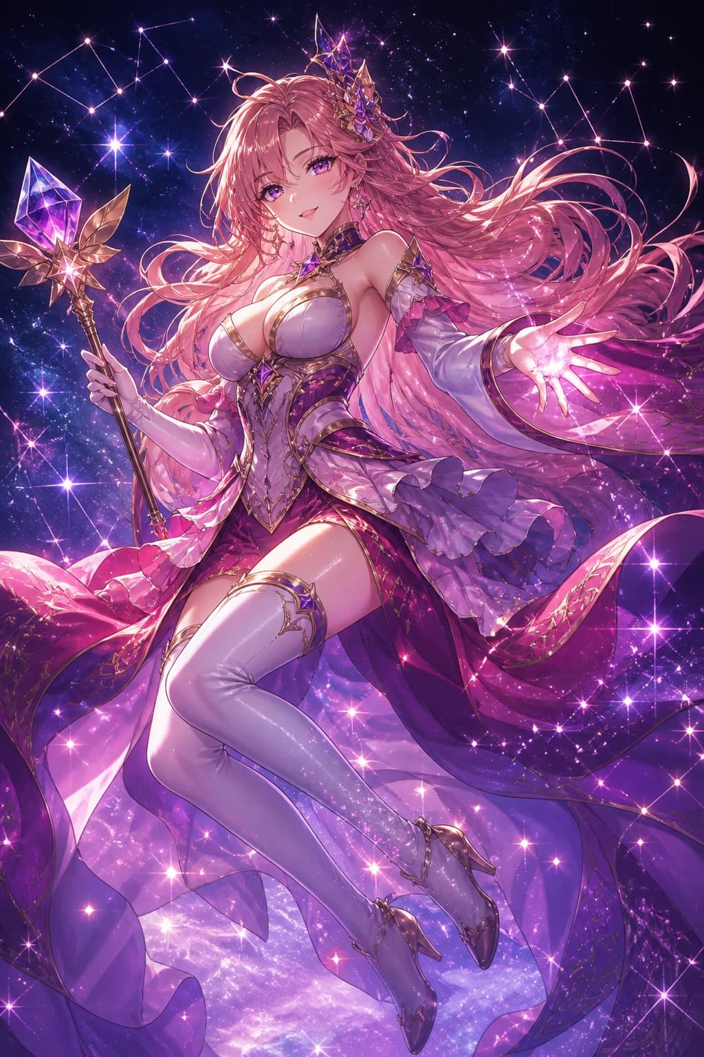 pink hair magical girl waifu floating among stars