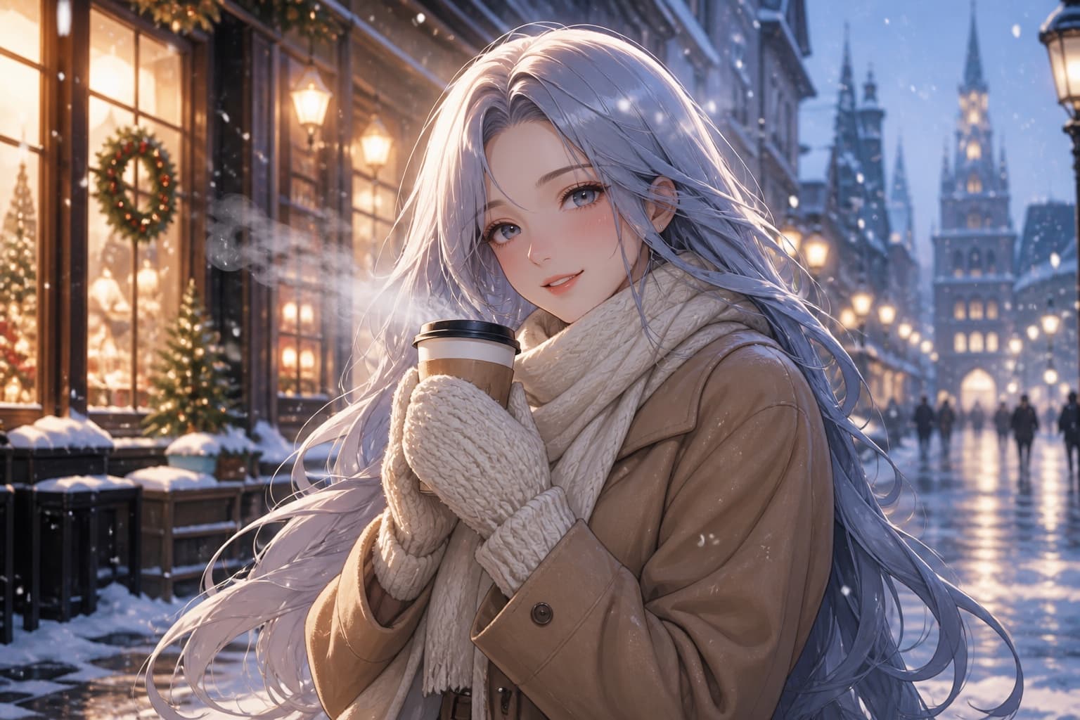 silver hair waifu holding coffee on a snowy winter street